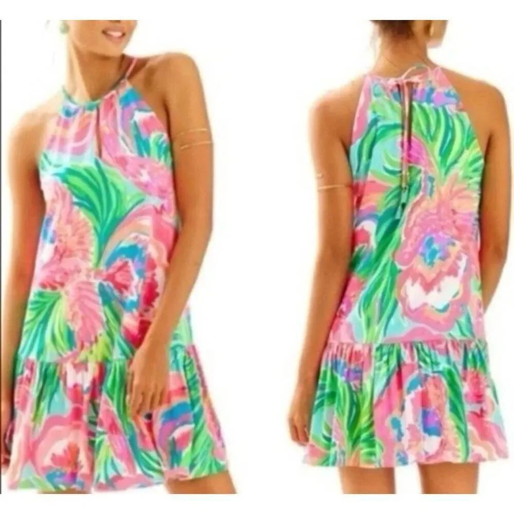 Lilly Pulitzer Isabeau Dress Serene Blue Paradise Bound Stretch Pink Green sz La